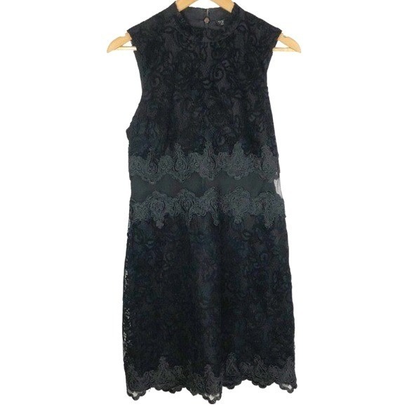 Topshop Black Lace Mock Neck Sheer Waist Sleeveless Mini Dress Womens Size US 8 - Picture 2 of 8